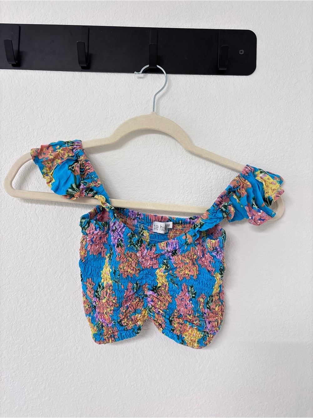 Tiare Hawaii Blue Floral Smocked Ruffle Sleeve Crop Top